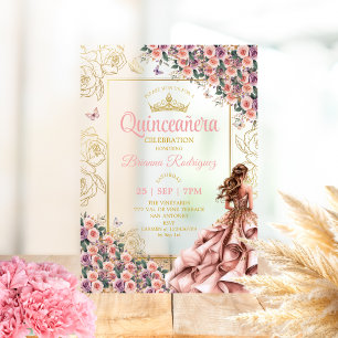 Golden Blush Pink Roses Quinceañera  Acrylic Invitations