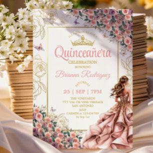 Golden Blush Pink Roses Quinceañera  Invitation