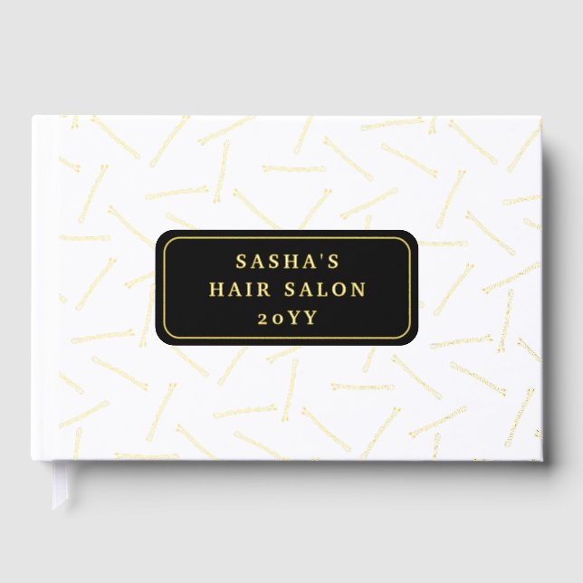 Golden Bobby Pin Pattern Hair Salon Guest Book (Front)
