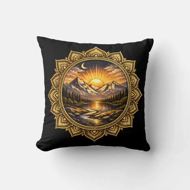 Golden Boho Mandala Mountain Sunset Art | Black Throw Pillow (Front)