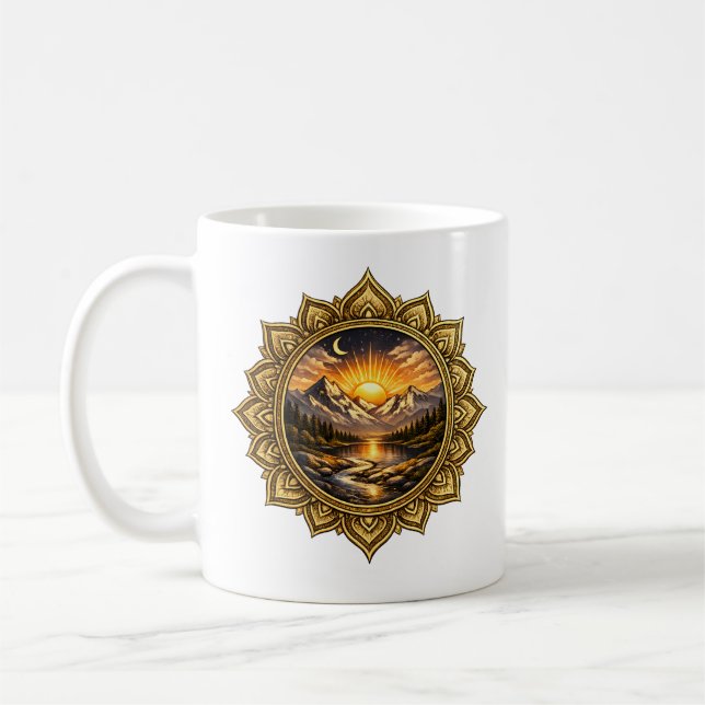 Golden Boho Mandala Mountain Sunset | Boho Sun Art Coffee Mug (Left)