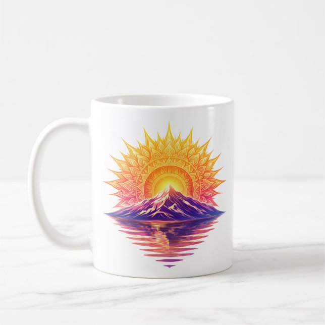 Golden Boho Mandala Sun Mountain Sunset Reflection Coffee Mug (Left)