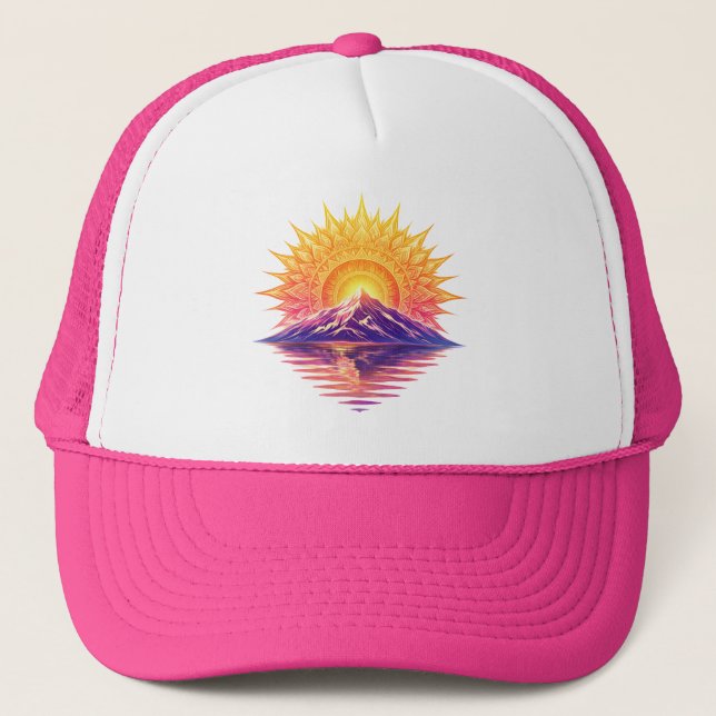 Golden Boho Mandala Sun Mountain Sunset Reflection Trucker Hat (Front)