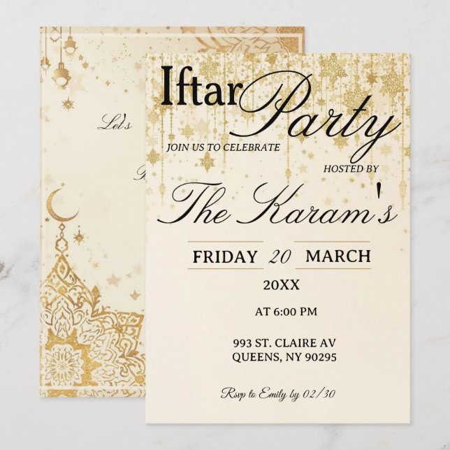 Golden Boho Minimalist Mosque Ramadan Iftar Party  Invitation (Front/Back)