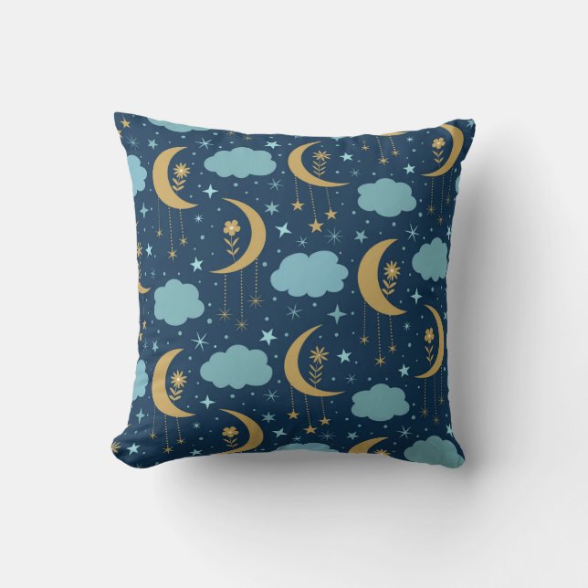 Golden Boho Moon With Clouds Celestial Throw Pillow (Front)