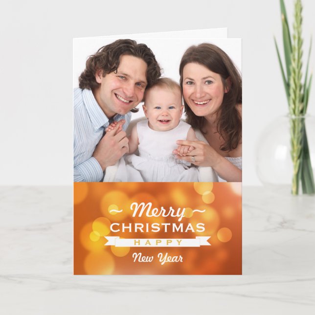 Golden bokeh chic merry christmas happy new year holiday card (Front)