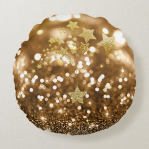 Golden Bokeh Faux Glitter & Stars Round Pillow