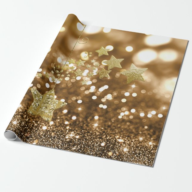Golden Bokeh Faux Glitter & Stars Wrapping Paper (Unrolled)