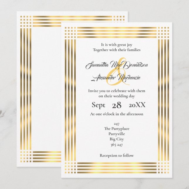 Golden border plain simple wedding invitation (Front/Back)