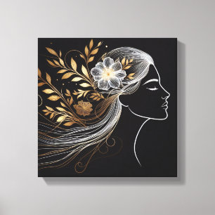 Golden Botanical Flowing Hair Line Portrait Canvas Print