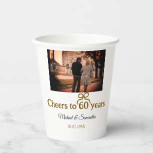 Golden bow cheers to 60 years anniversary wedding  paper cups