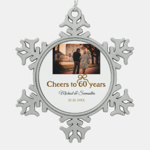 Golden bow cheers to 60 years anniversary wedding snowflake pewter christmas ornament