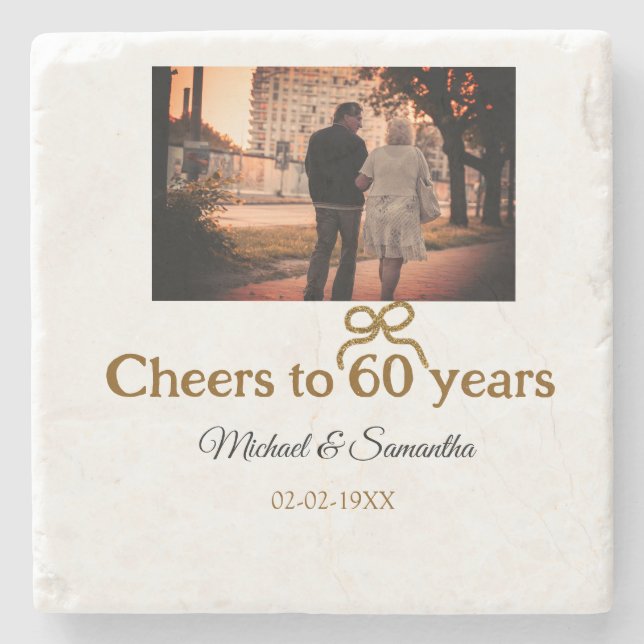 Golden bow cheers to 60 years anniversary wedding  stone coaster (Front)