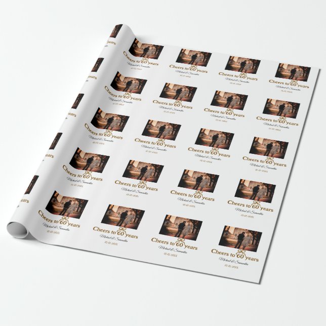 Golden bow cheers to 60 years anniversary wedding  wrapping paper (Unrolled)