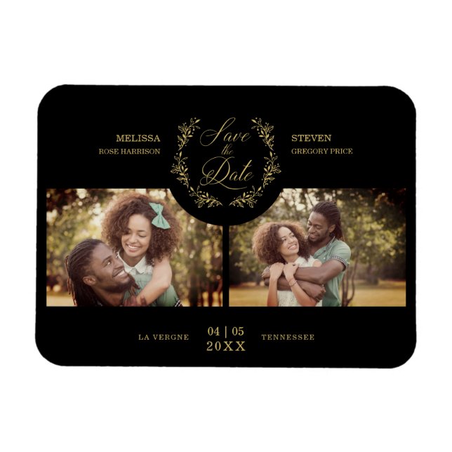 Golden Branches Elegant 2 Custom Photos Wedding Magnet (Horizontal)