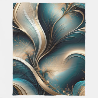 Golden Breeze - Teal and Gold Flowing Abstract Fleece Blanket