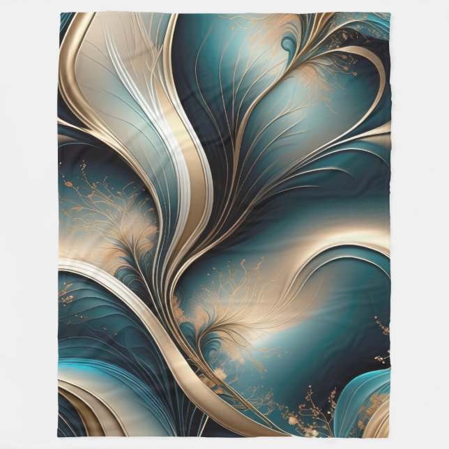 Golden Breeze - Teal and Gold Flowing Abstract Fleece Blanket (Front)