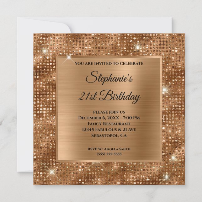 Golden Bronze Diamond Studded Foil 21st Birthday Invitation (Front)