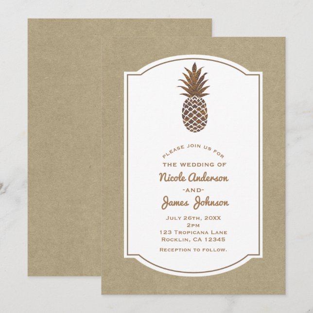 Golden Bronze Pineapple Kraft Natural Tropical Invitation (Front/Back)