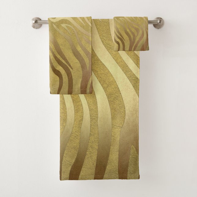 Golden Bronze Zebra Print Jungle Safari Glam Bath Towel Set (Insitu)