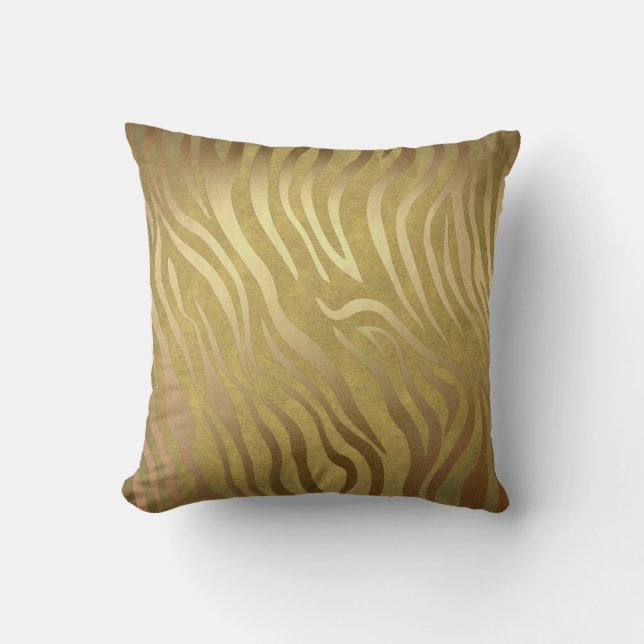 Golden Bronze Zebra Print Jungle Safari Glam Throw Pillow (Front)