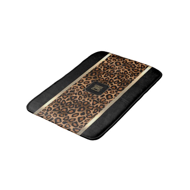 Golden Brown & Black Leopard Pattern - Monogram Bath Mat (Angled)