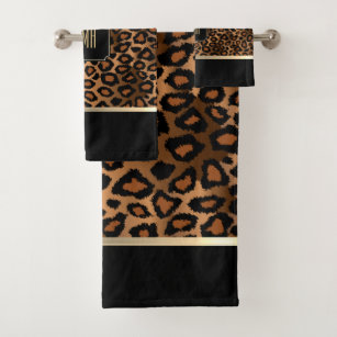Golden Brown & Black Leopard Pattern - Monogram Bath Towel Set