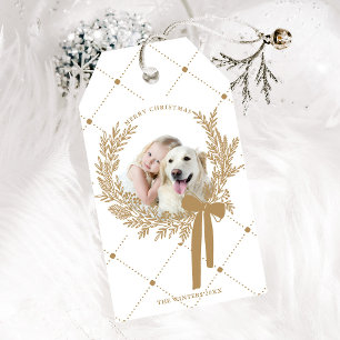 Golden Brown Christmas Wreath Photo Gift Tags