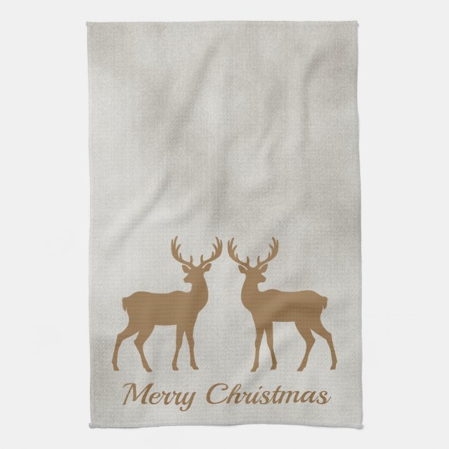 Golden Brown Deer Shapes On Faux Velvet Texture Kitchen Towel (Vertical)