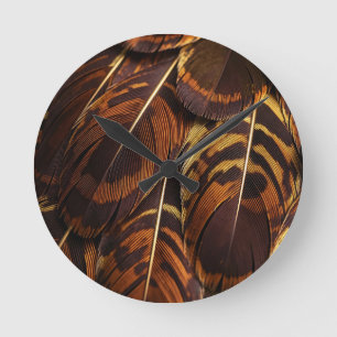 Golden Brown Feather Macro Pattern Closeup Round Clock