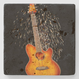 Golden Brown Guitar With Fireworks, Stone Coaster