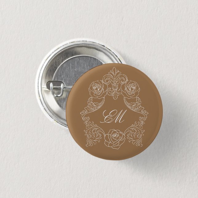 Golden Brown Rococo Crest Monogram 1 Inch Round Button (Front & Back)