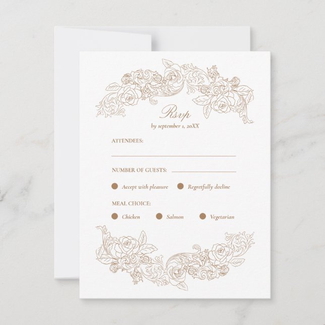 Golden Brown Rococo Meal Choice RSVP Card (Front)