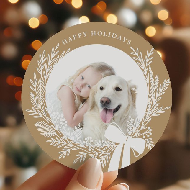 Golden Brown & White Christmas Wreath Photo  Classic Round Sticker (Creator Uploaded)