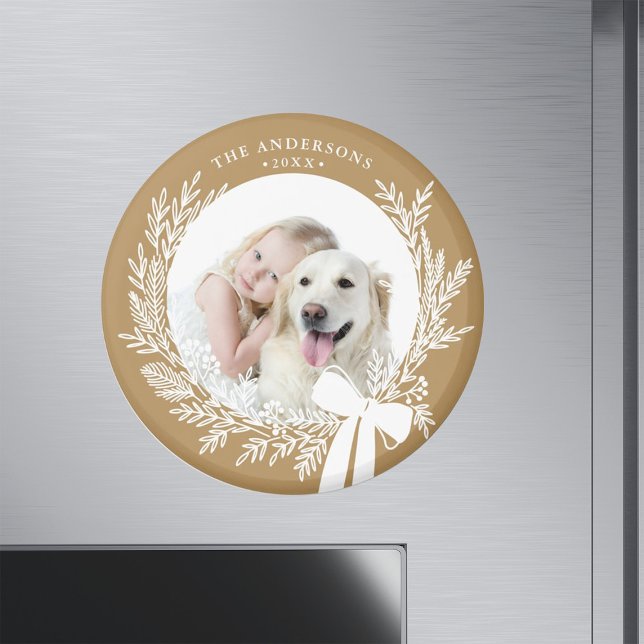 Golden Brown & White Christmas Wreath Photo  Magnet (Creator Uploaded)