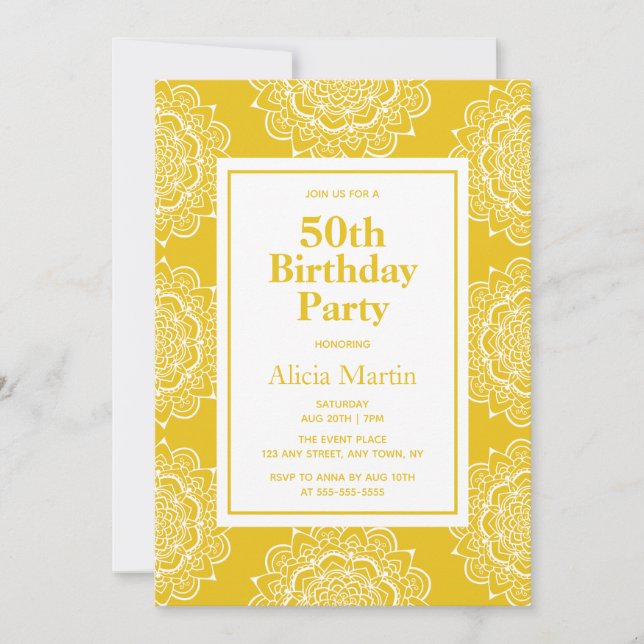 Golden Brown & White Mandala Flower 50th Birthday Invitation (Front)