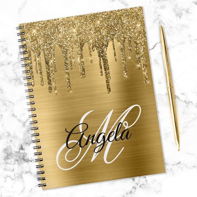 Golden Brushed Foil Glitter Drip Fancy Monogram Notebook (Creator Uploaded)