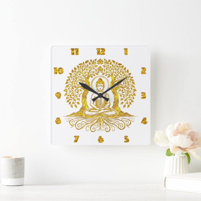 Golden Buddha Meditating Among Trees Square Wall Clock (Home)