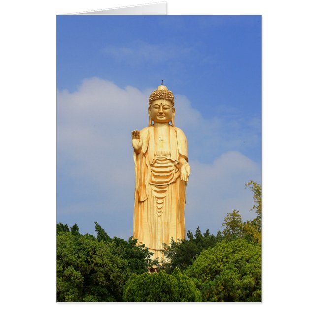 Golden Buddha Statue, Hand Raised, Trees (Front)