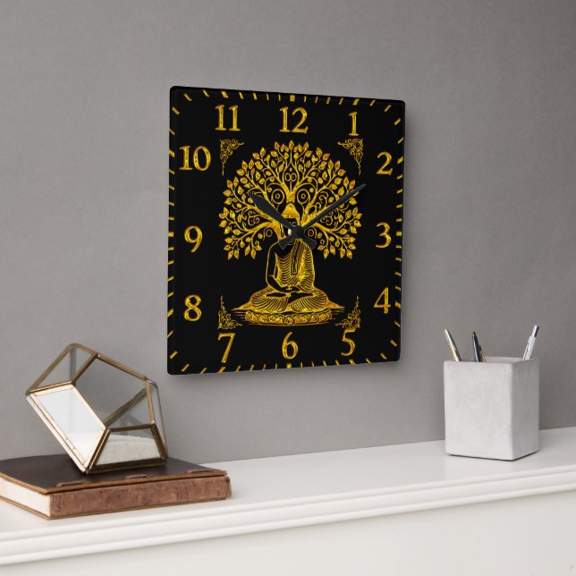 Golden Buddha Under a Tree in Peaceful Meditation Square Wall Clock (Office)