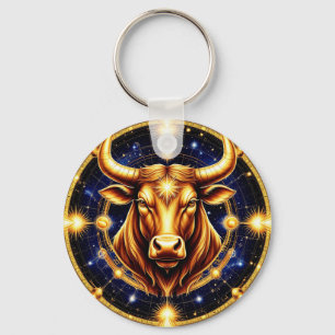 Golden Bull With Cosmic Zodiac Symbol Keychain