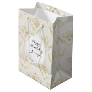 Golden Bumble Bee with a Crown Pattern Birthday Medium Gift Bag