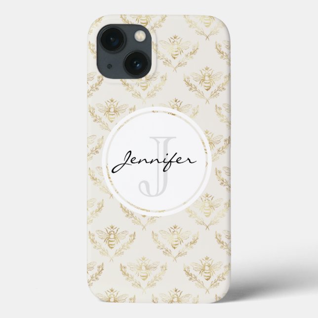 Golden Bumble Bee with a Crown Pattern Monogram Case-Mate iPhone Case (Back)