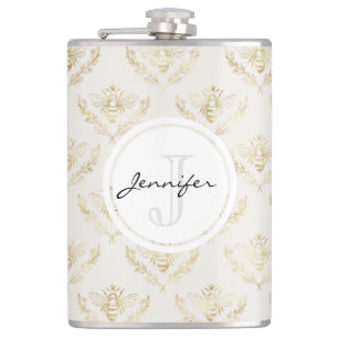 Golden Bumble Bee with a Crown Pattern Monogram Hip Flask