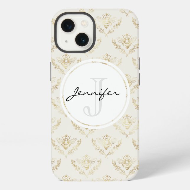 Golden Bumble Bee with a Crown Pattern Monogram iPhone Case (Back)