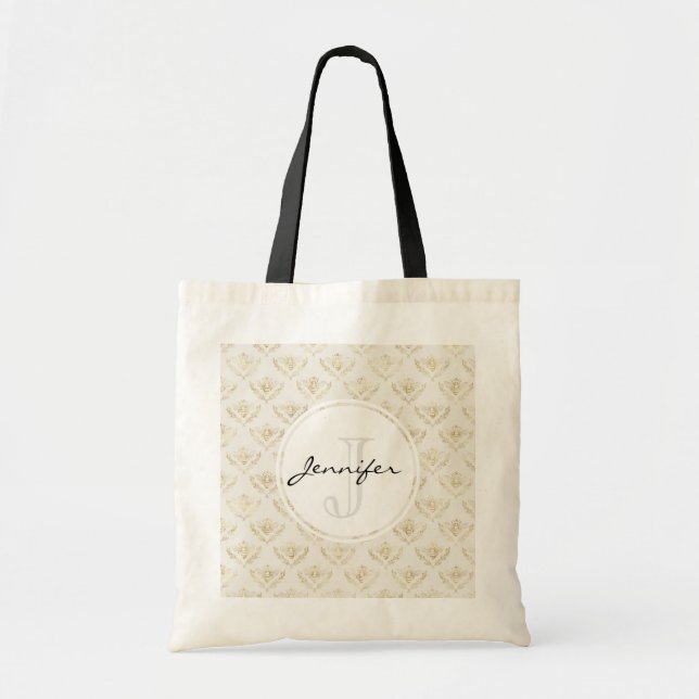Golden Bumble Bee with a Crown Pattern Monogram Tote Bag (Front)