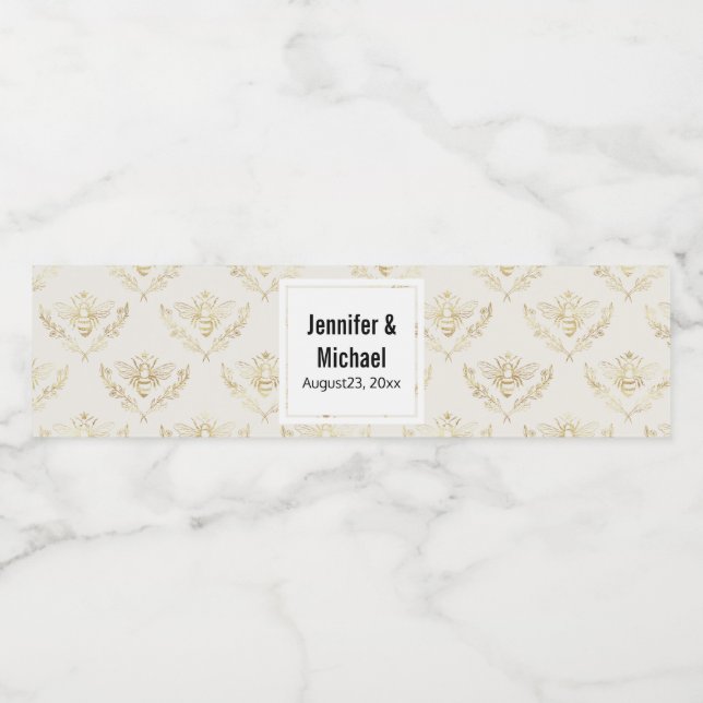 Golden Bumble Bee with a Crown Pattern Wedding Water Bottle Label (Single Label)