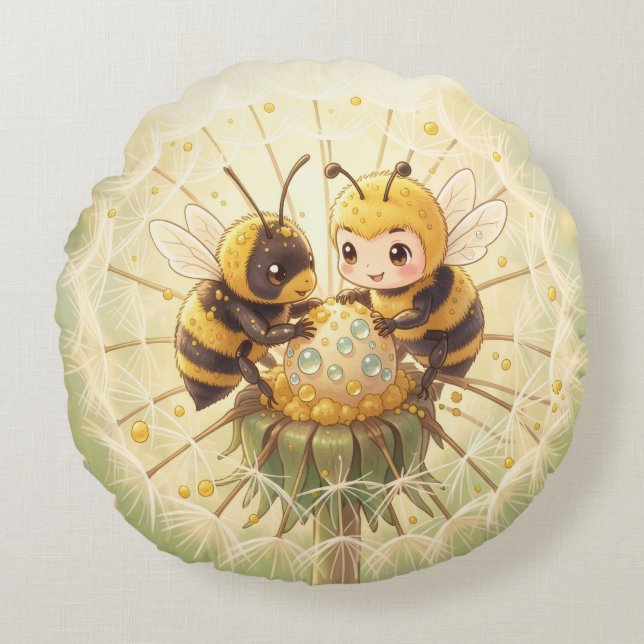 Golden Bumblebee in Bloom Dance.5 Round Pillow (Front)