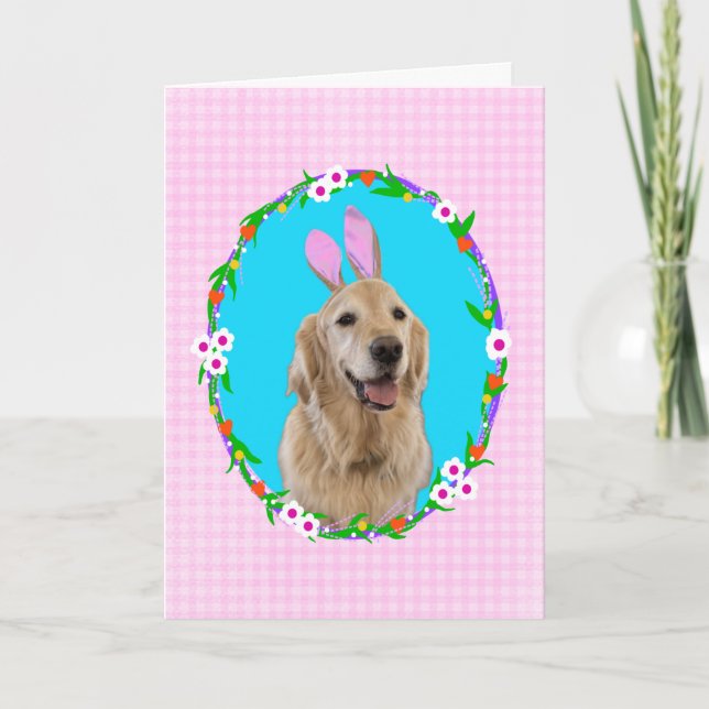 Golden Bunny Dog Pink Gingham Easter Folded Card (Front)