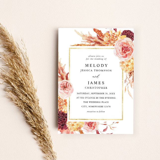 Golden Burgundy & Blush Pink Floral Wedding 2 Invitation (Creator Uploaded)